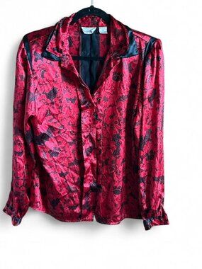Vintage 80s Silverlake Red Back Floral Button Down Satin Polyester Shirt Size 16